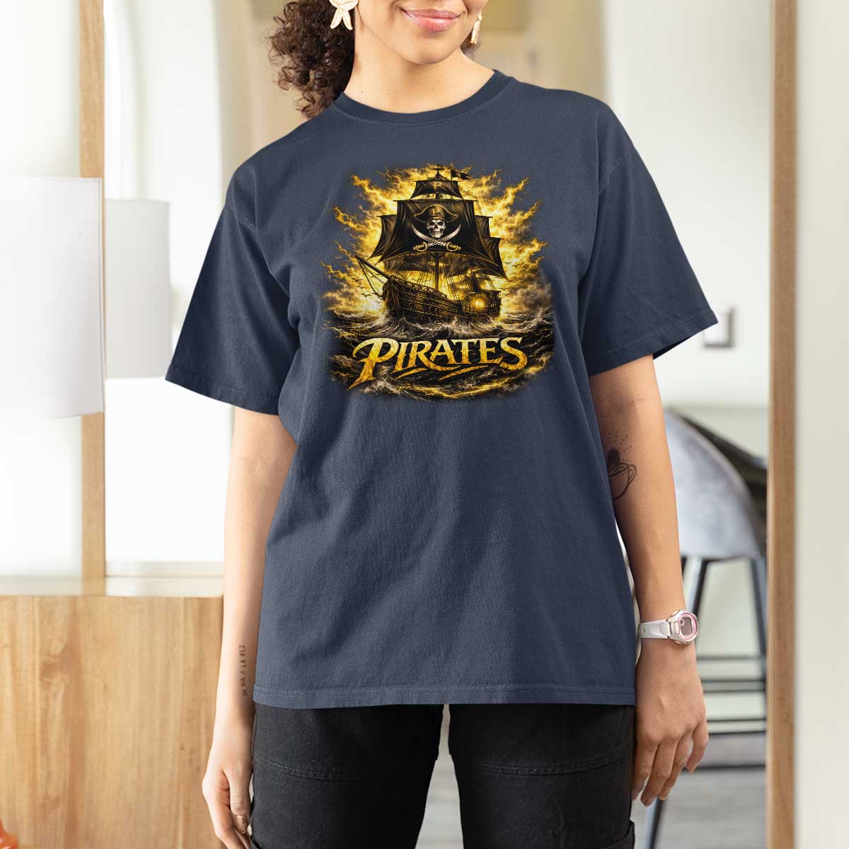 Pirate Lovers T Shirt For Women Vintage Golden Pirate Ship Skull Graphic