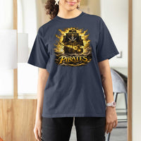 Pirate Lovers T Shirt For Women Vintage Golden Pirate Ship Skull Graphic