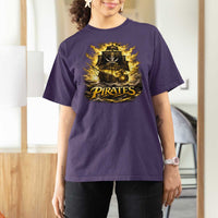Pirate Lovers T Shirt For Women Vintage Golden Pirate Ship Skull Graphic