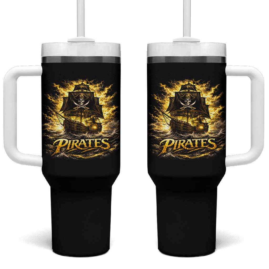 Pirate Lovers Tumbler With Handle Vintage Golden Pirate Ship Skull Graphic