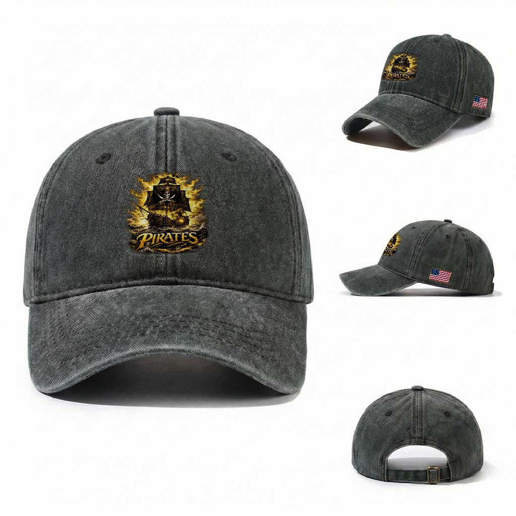 Pirate Lovers Washed Cotton Baseball Cap Vintage Golden Pirate Ship Skull Graphic