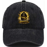 Pirate Lovers Washed Cotton Baseball Cap Vintage Golden Pirate Ship Skull Graphic