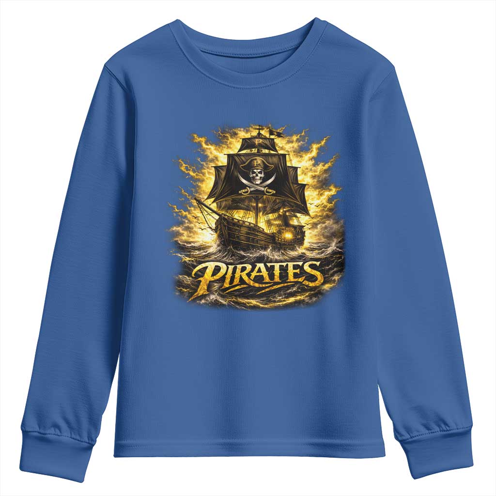 Pirate Lovers Youth Sweatshirt Vintage Golden Pirate Ship Skull Graphic