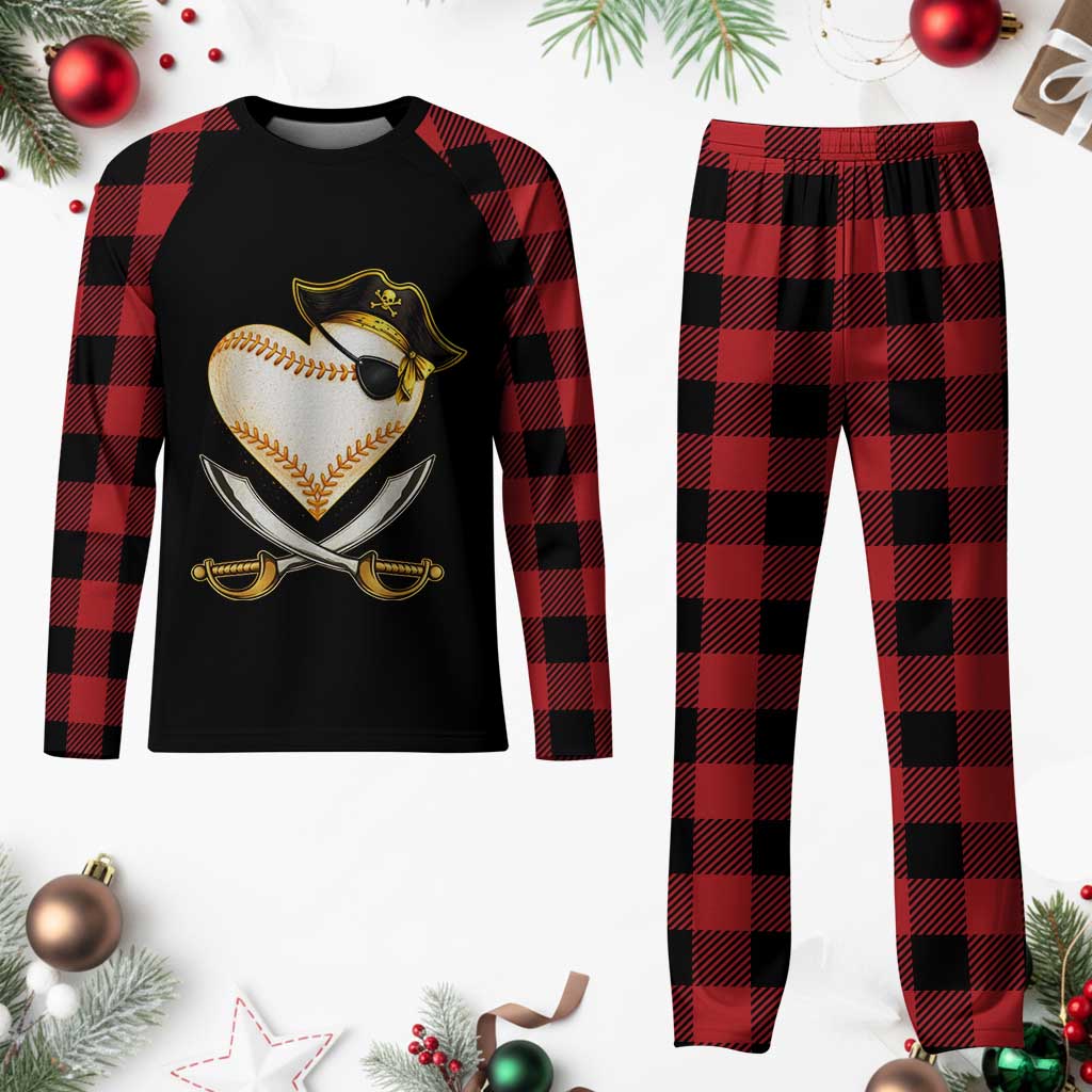 Baseball Pirate Plaid Pajama Set Baseball Heart With Skull