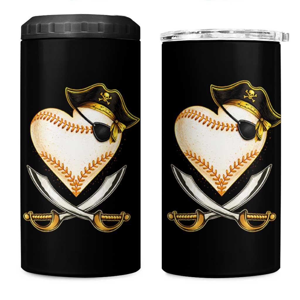 Baseball Pirate 4 in 1 Can Cooler Tumbler Baseball Heart With Skull