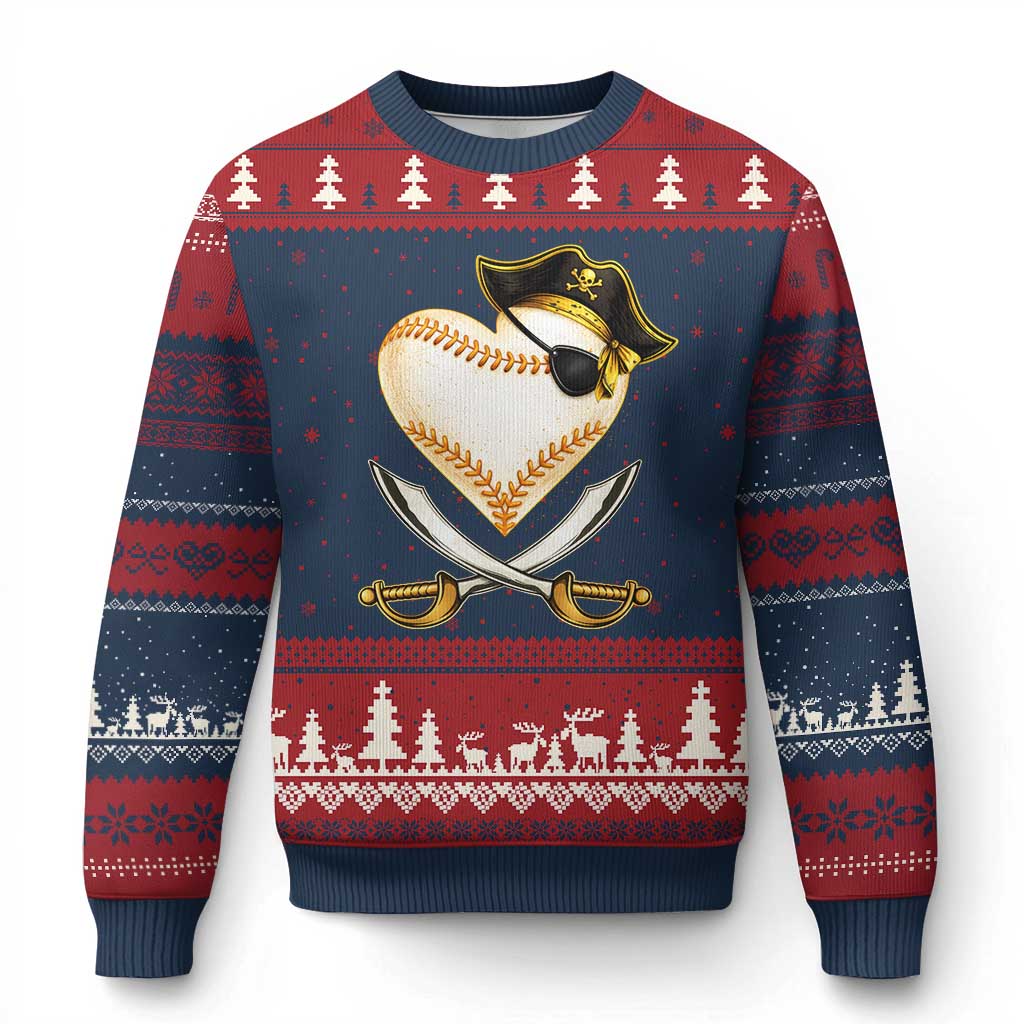 Baseball Pirate Ugly Christmas Sweater Baseball Heart With Skull
