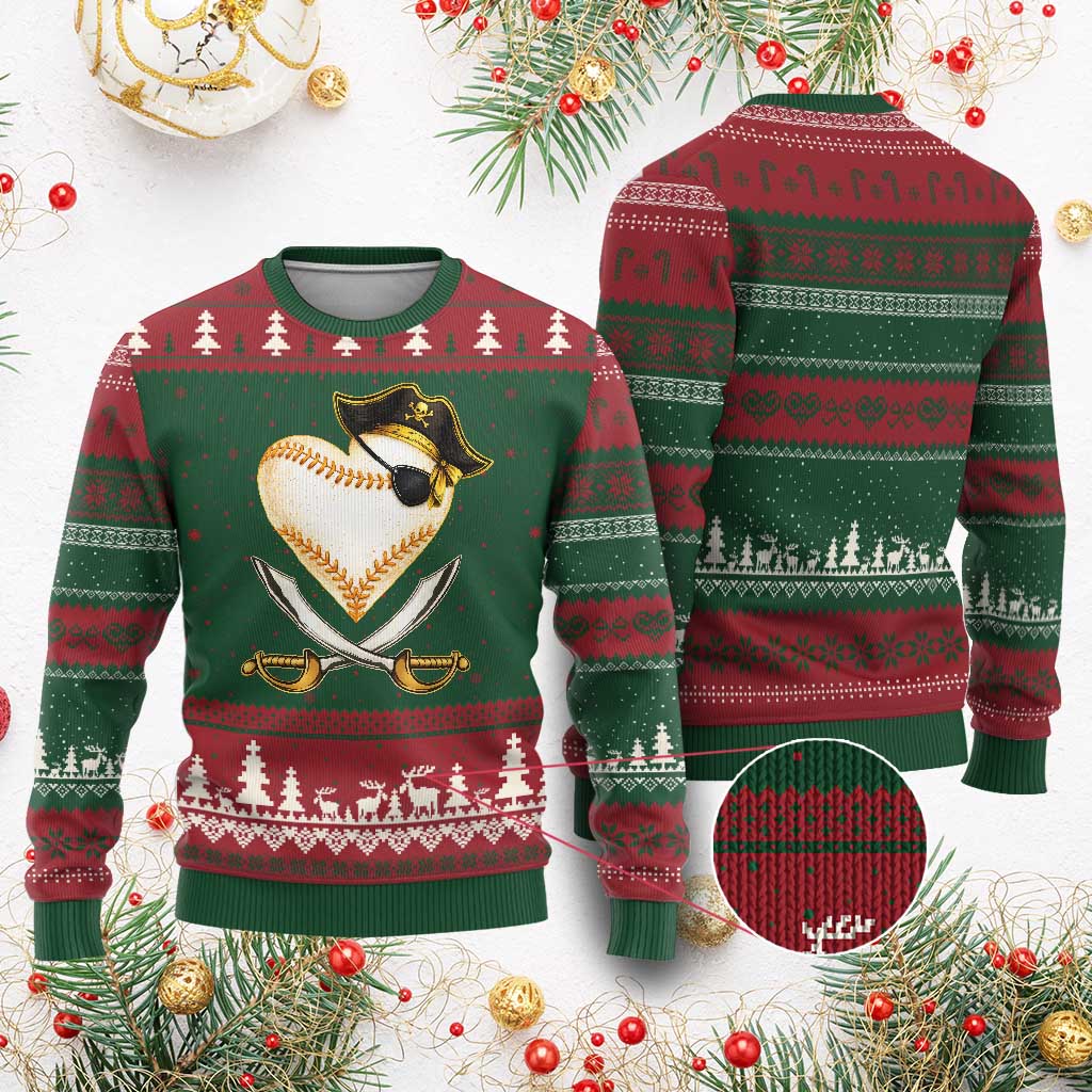 Baseball Pirate Ugly Christmas Sweater Baseball Heart With Skull