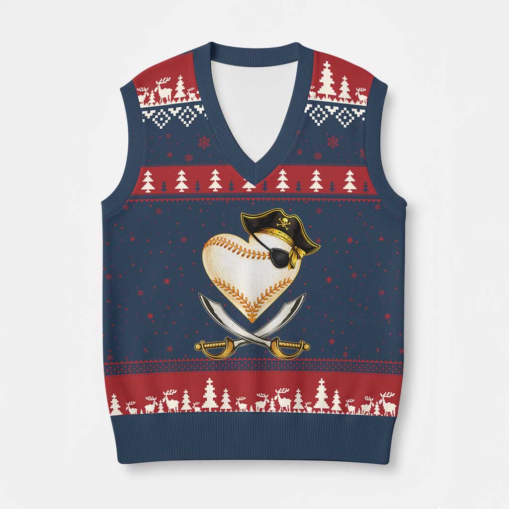 Baseball Pirate V-Neck Knit Sweater Vest Baseball Heart With Skull
