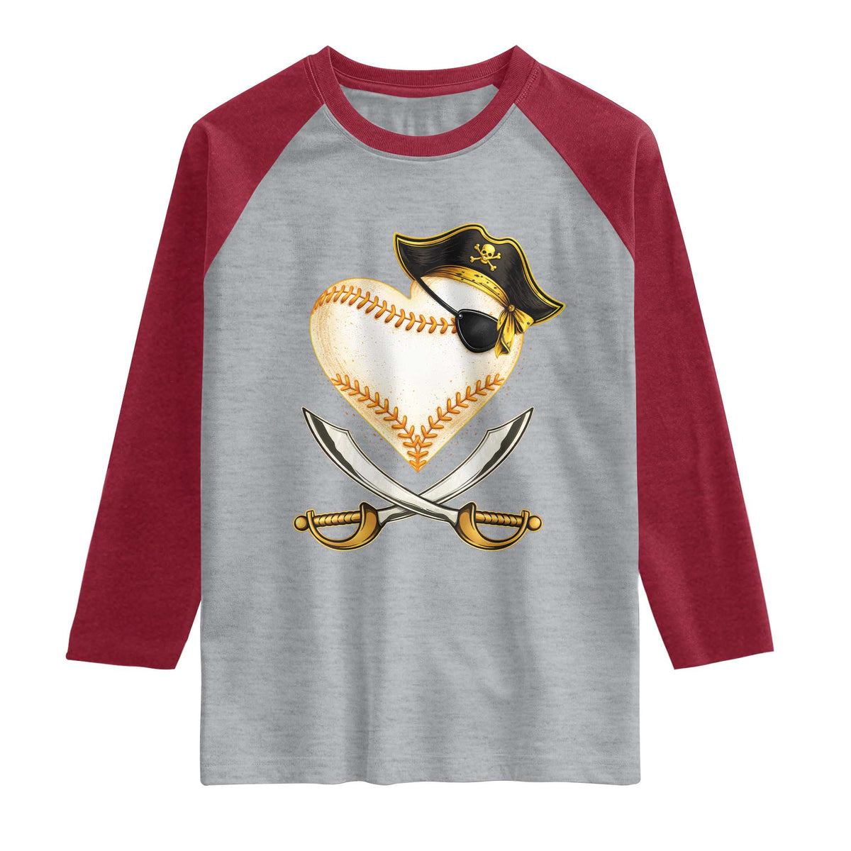 Baseball Pirate Raglan Shirt Baseball Heart With Skull