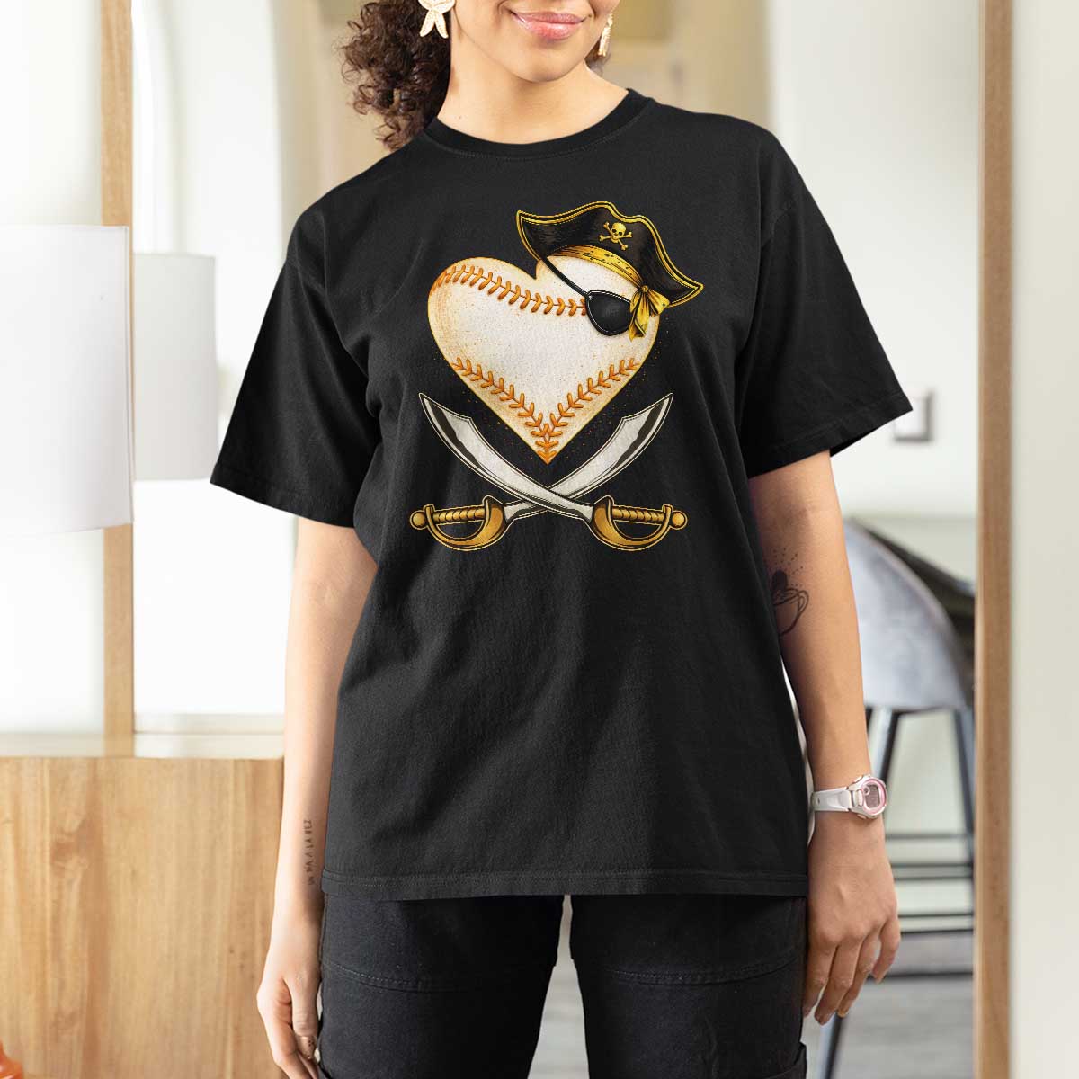 Baseball Pirate T Shirt For Women Baseball Heart With Skull