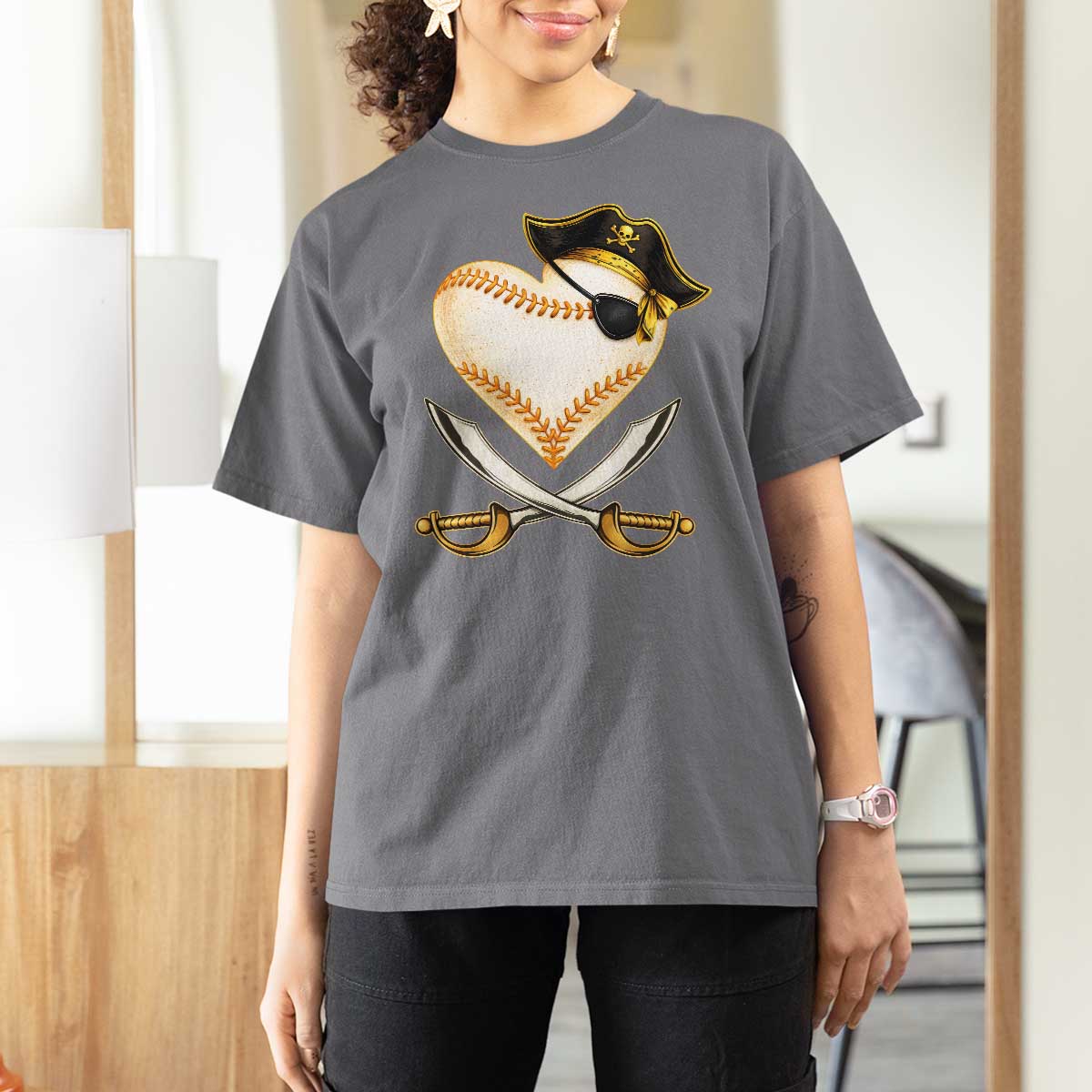Baseball Pirate T Shirt For Women Baseball Heart With Skull