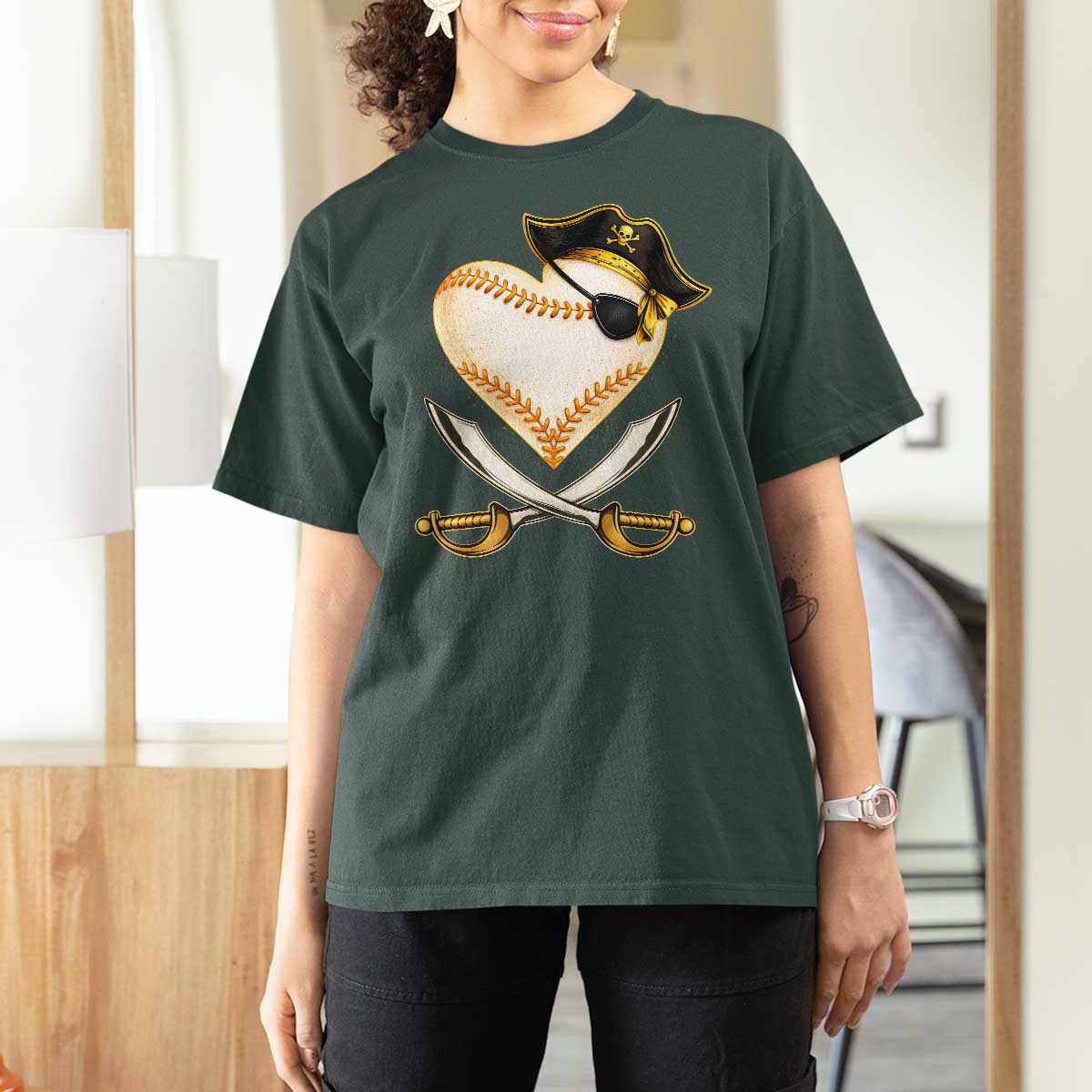 Baseball Pirate T Shirt For Women Baseball Heart With Skull