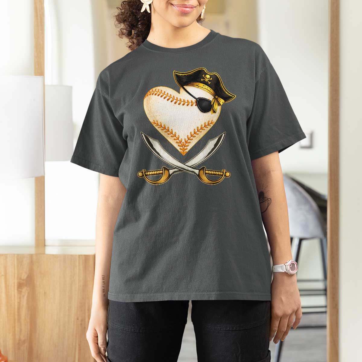 Baseball Pirate T Shirt For Women Baseball Heart With Skull