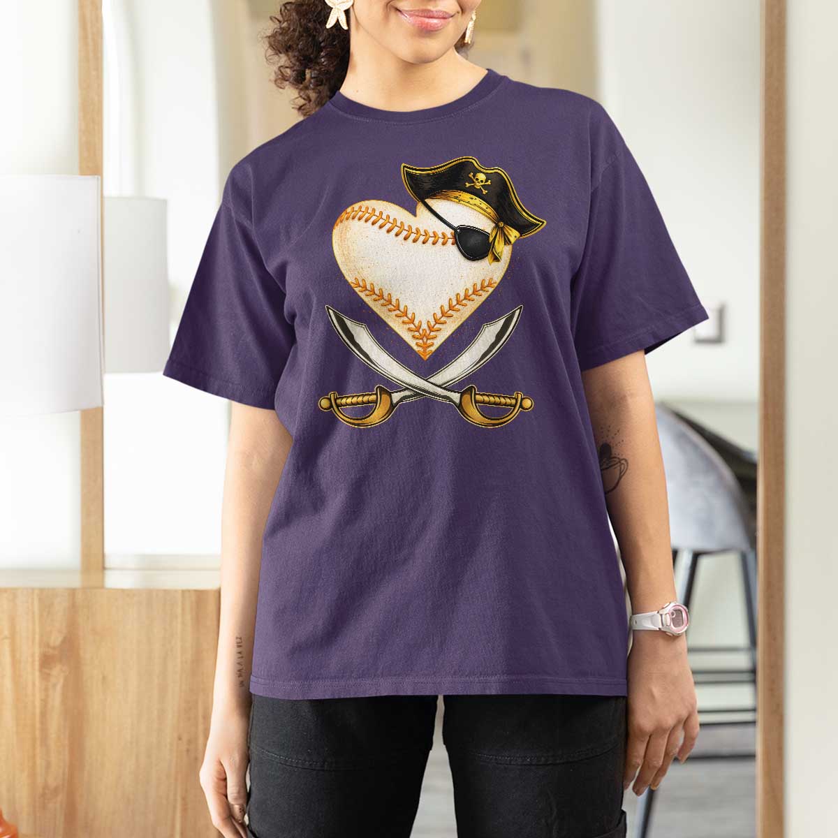 Baseball Pirate T Shirt For Women Baseball Heart With Skull