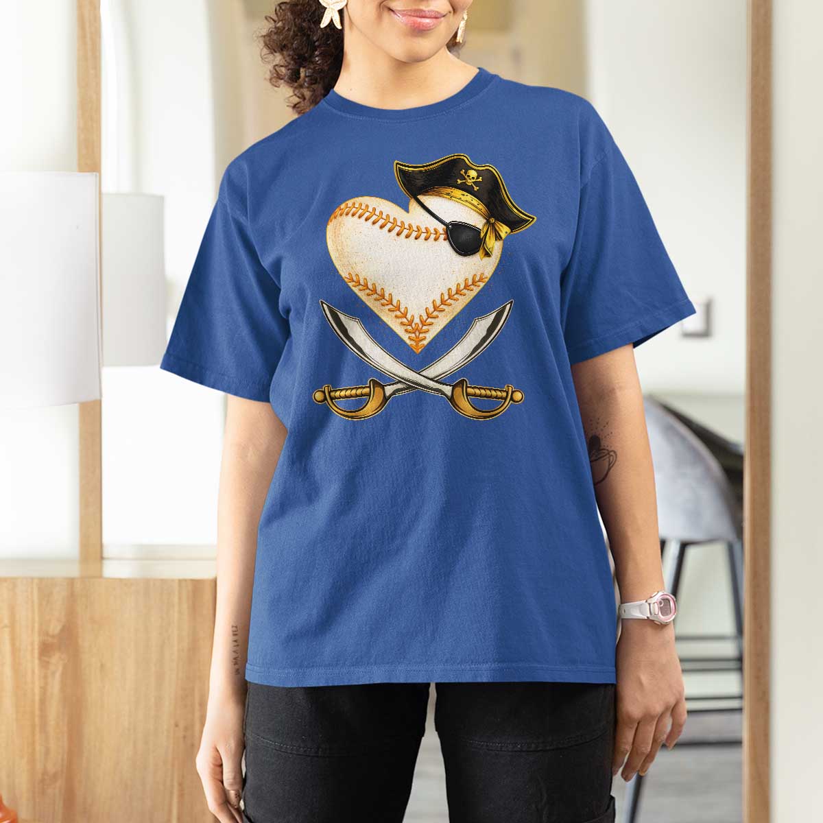Baseball Pirate T Shirt For Women Baseball Heart With Skull