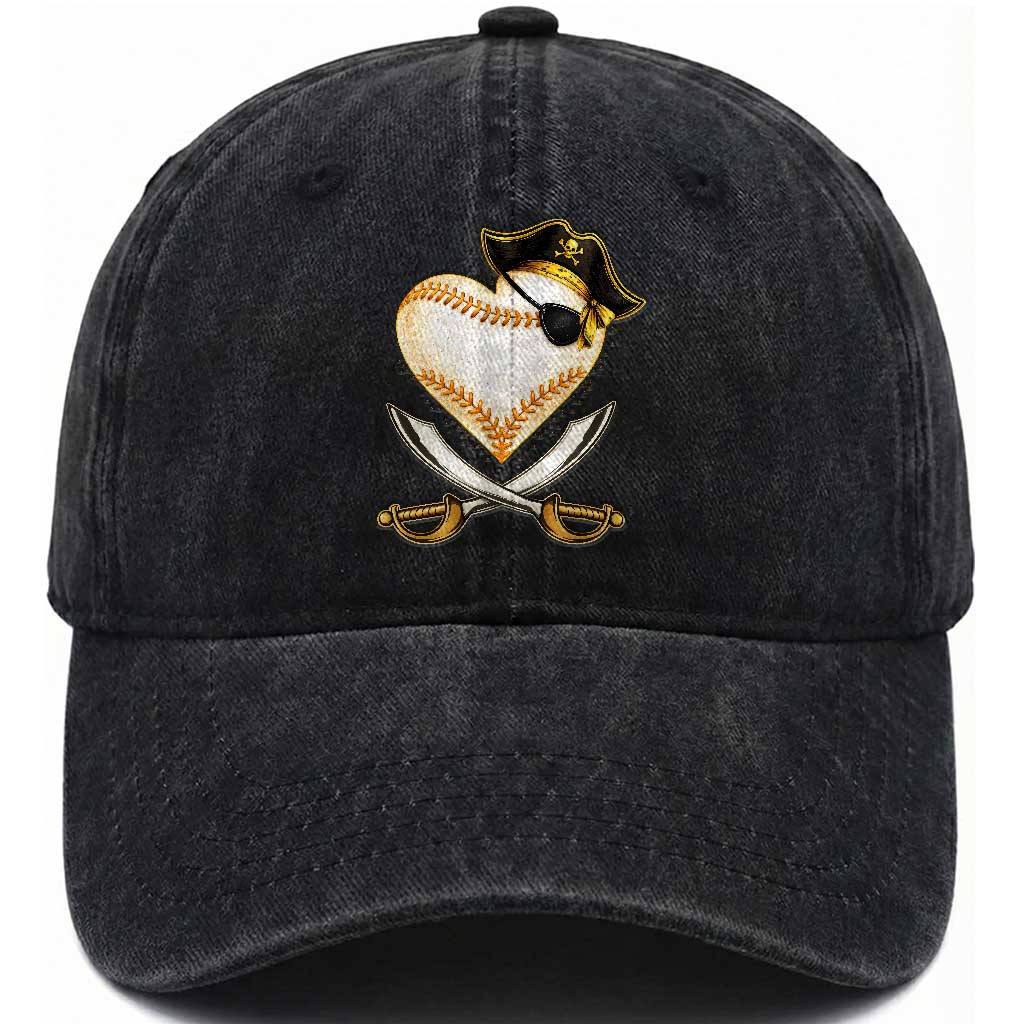 Baseball Pirate Washed Cotton Baseball Cap Baseball Heart With Skull