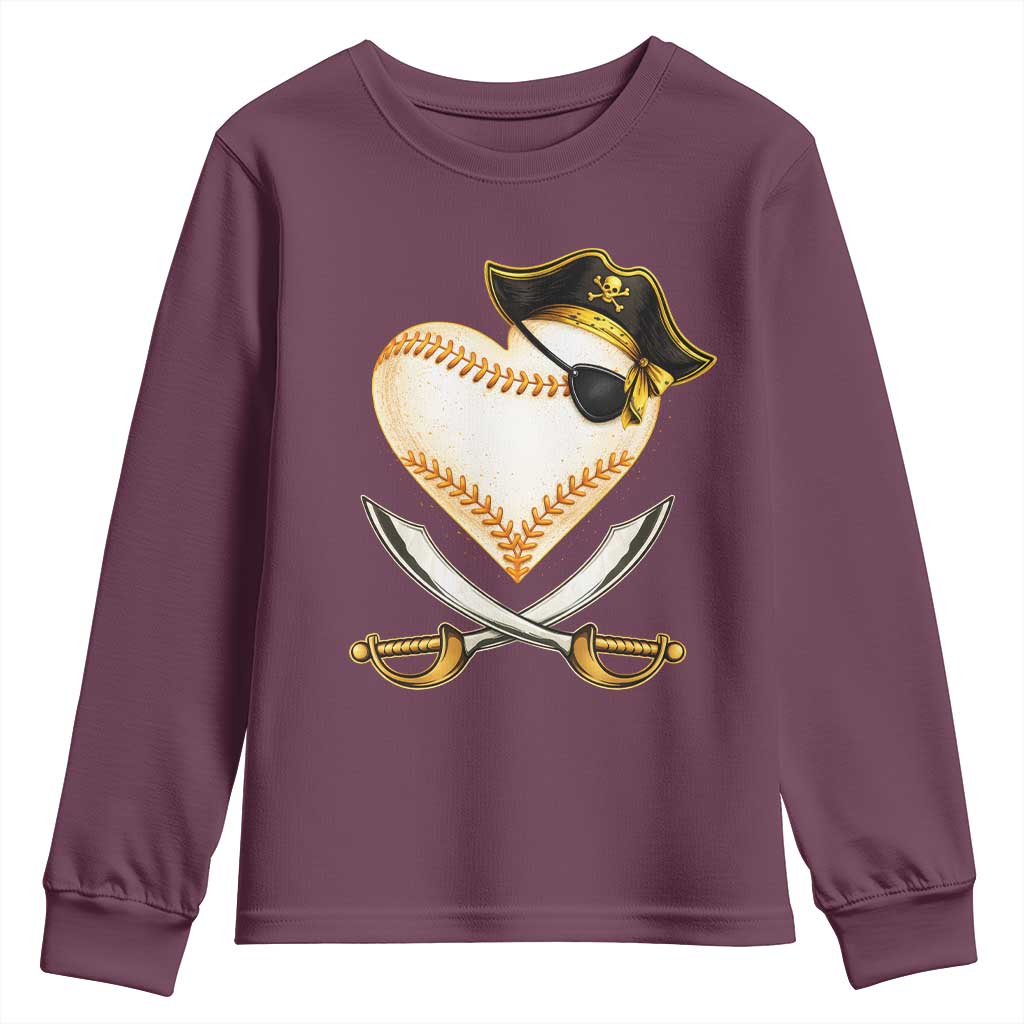 Baseball Pirate Youth Sweatshirt Baseball Heart With Skull
