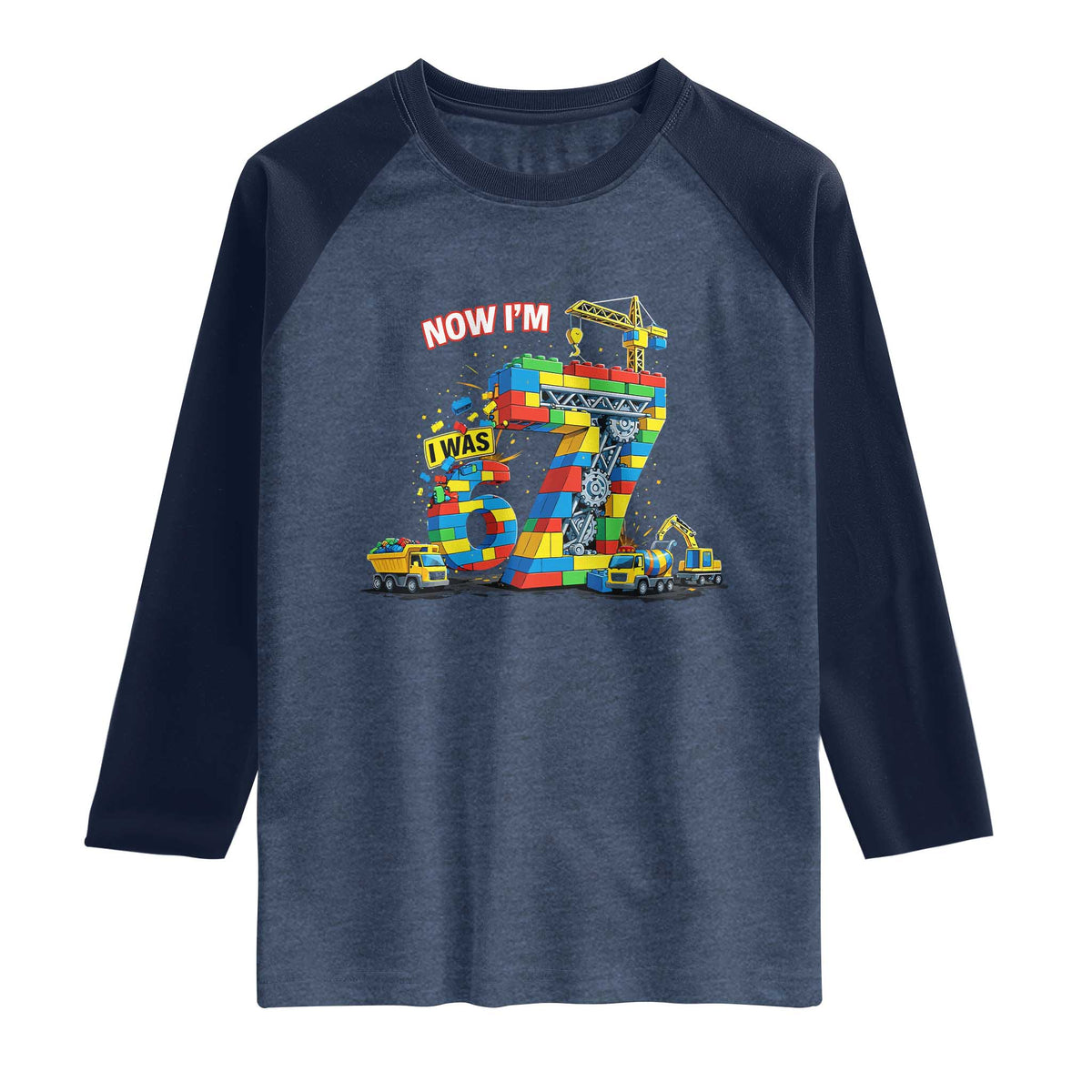 Funny 7th Birthday Building Bricks Raglan Shirt I Was 6 Now Im 7 Kids 67 Birthday Building Six Seven Boy