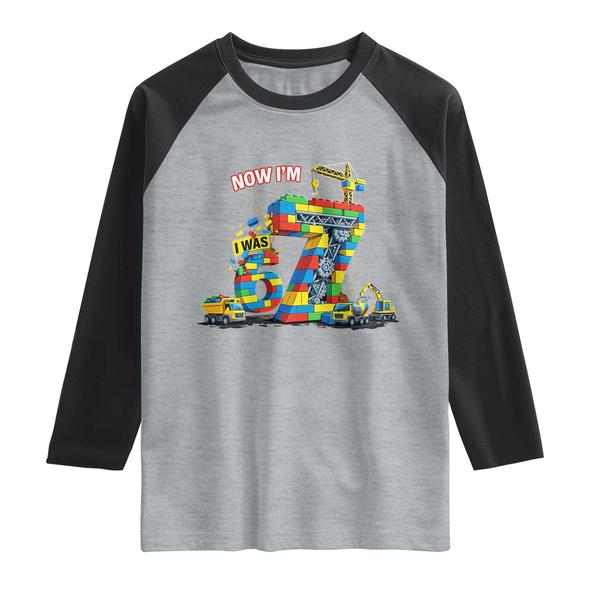Funny 7th Birthday Building Bricks Raglan Shirt I Was 6 Now Im 7 Kids 67 Birthday Building Six Seven Boy