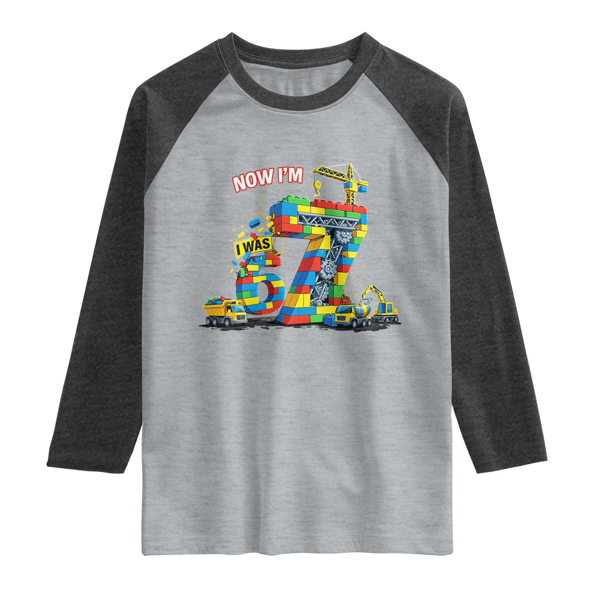 Funny 7th Birthday Building Bricks Raglan Shirt I Was 6 Now Im 7 Kids 67 Birthday Building Six Seven Boy
