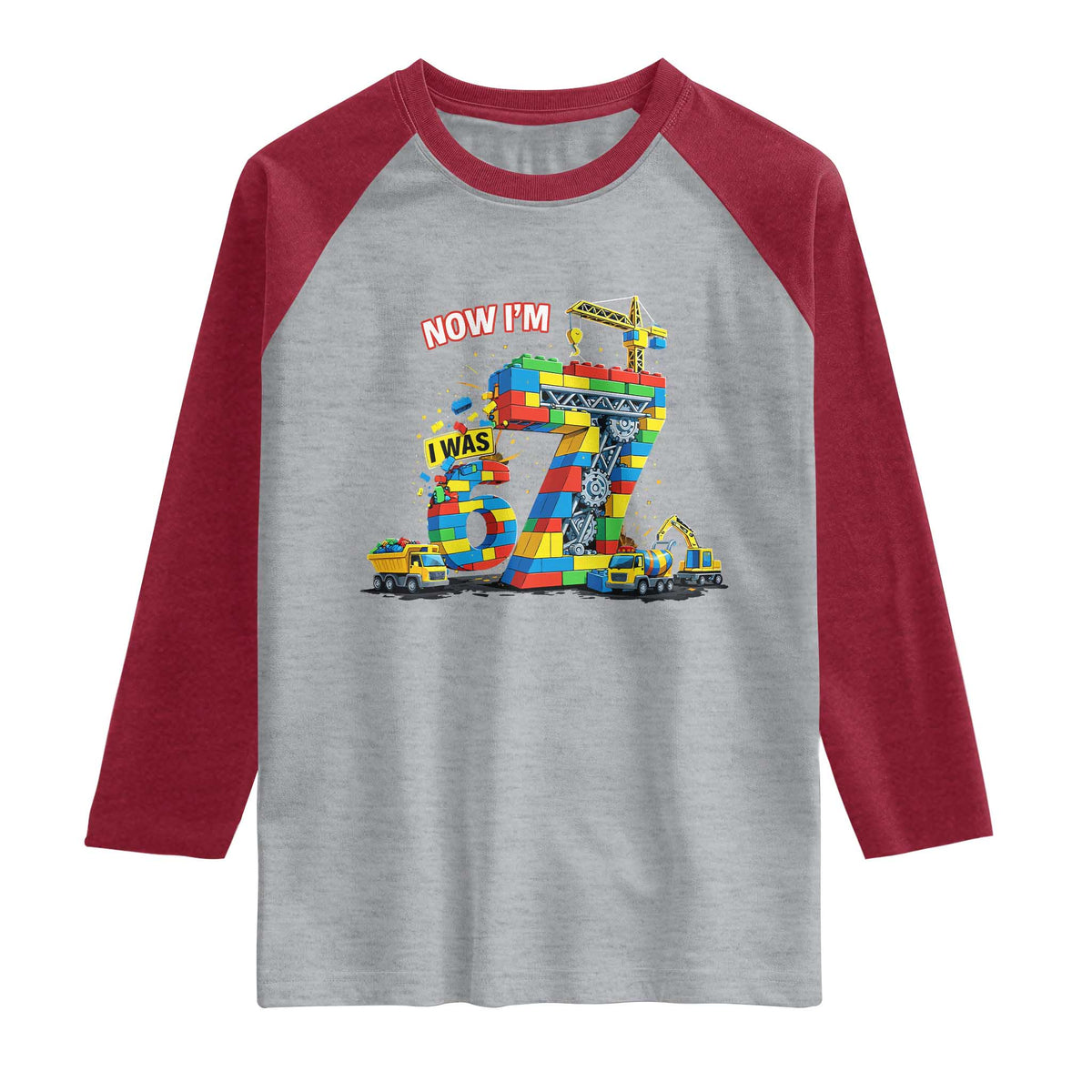 Funny 7th Birthday Building Bricks Raglan Shirt I Was 6 Now Im 7 Kids 67 Birthday Building Six Seven Boy