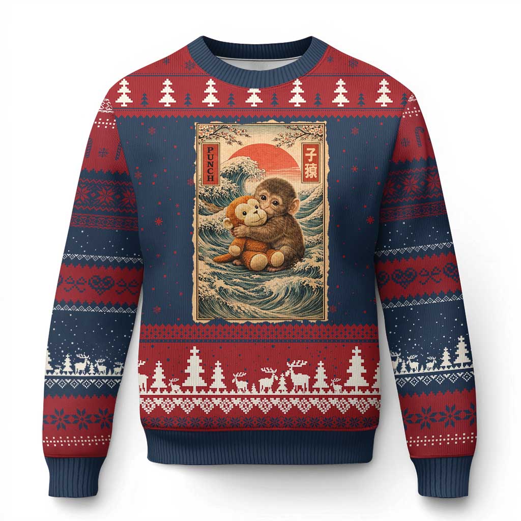 Kawaii Baby Monkey Punch Ugly Christmas Sweater Vintage Japanese Graphic Cute Macaque Ukiyo-e