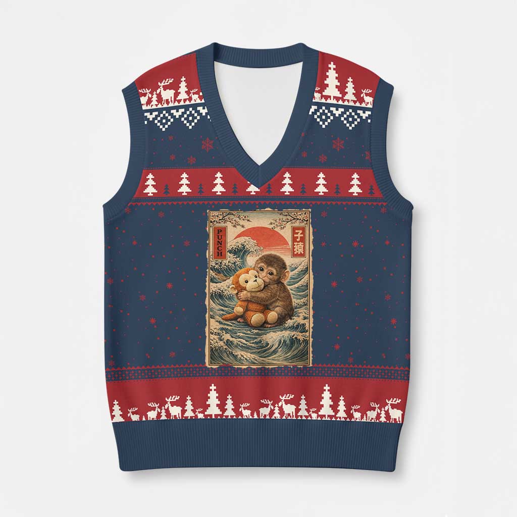 Kawaii Baby Monkey Punch V-Neck Knit Sweater Vest Vintage Japanese Graphic Cute Macaque Ukiyo-e