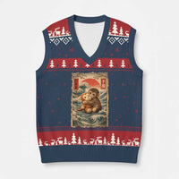 Kawaii Baby Monkey Punch V-Neck Knit Sweater Vest Vintage Japanese Graphic Cute Macaque Ukiyo-e
