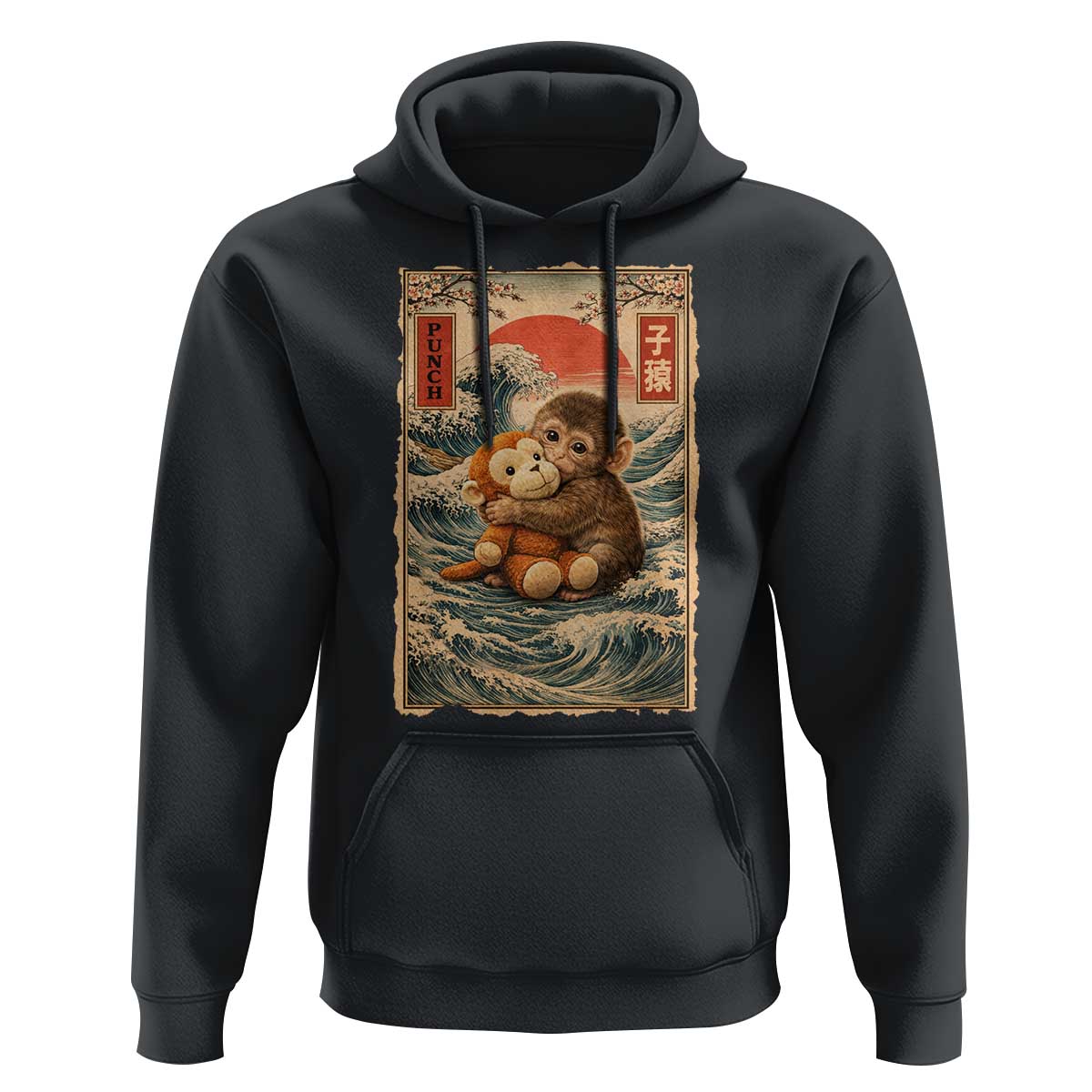 Kawaii Baby Monkey Punch Hoodie Vintage Japanese Graphic Cute Macaque Ukiyo-e