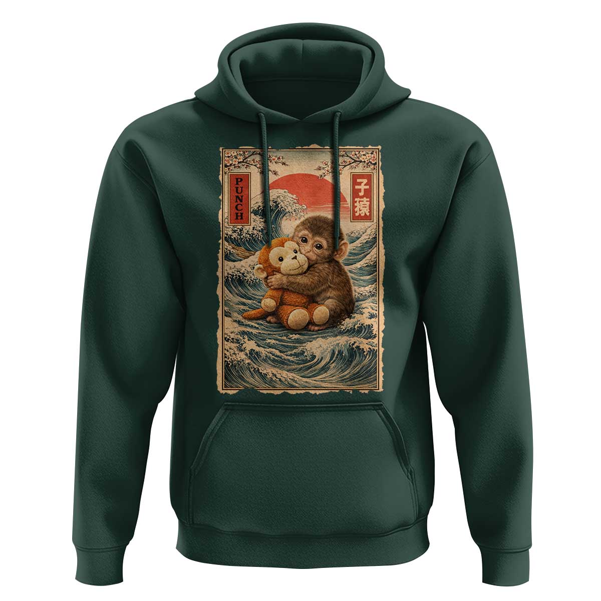Kawaii Baby Monkey Punch Hoodie Vintage Japanese Graphic Cute Macaque Ukiyo-e