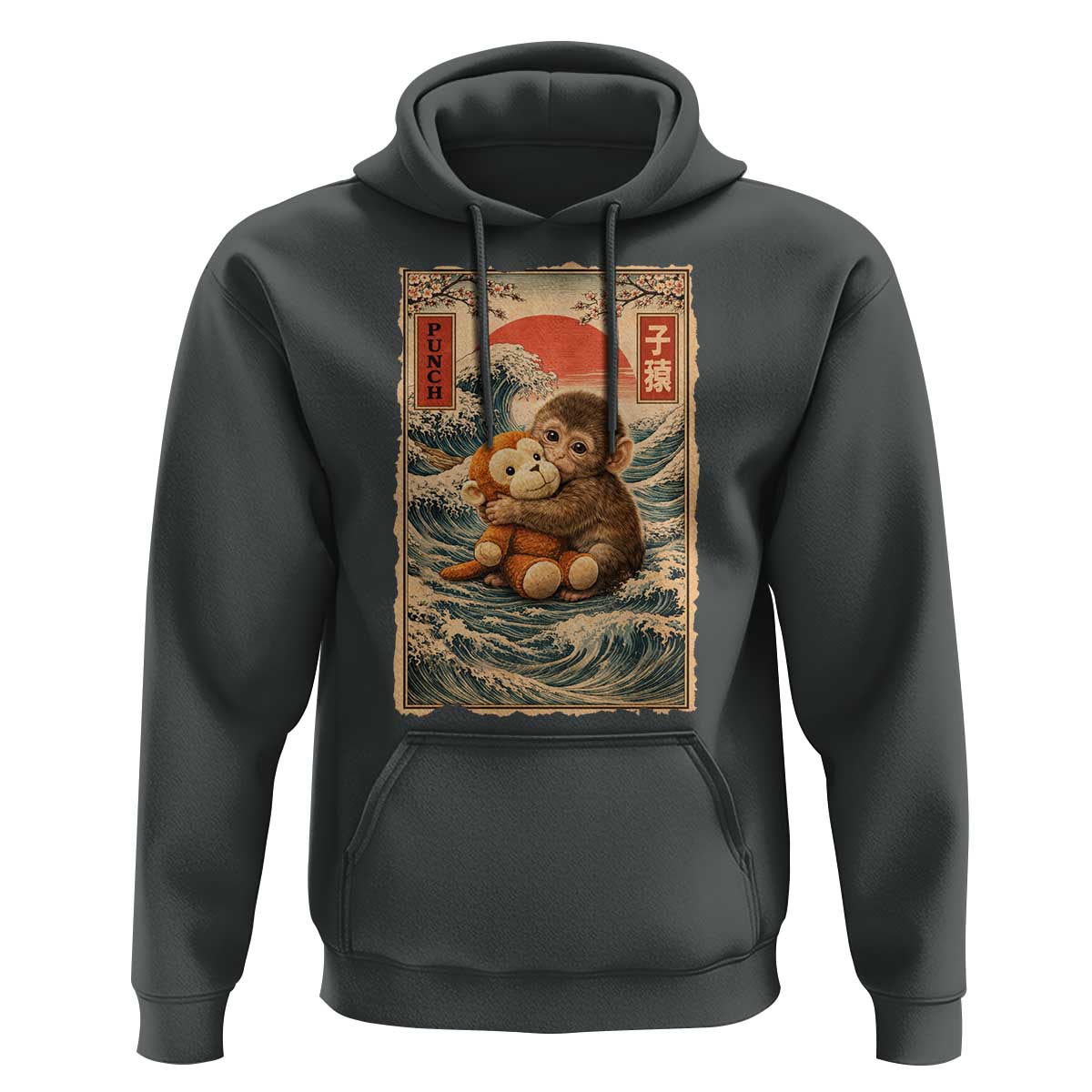 Kawaii Baby Monkey Punch Hoodie Vintage Japanese Graphic Cute Macaque Ukiyo-e