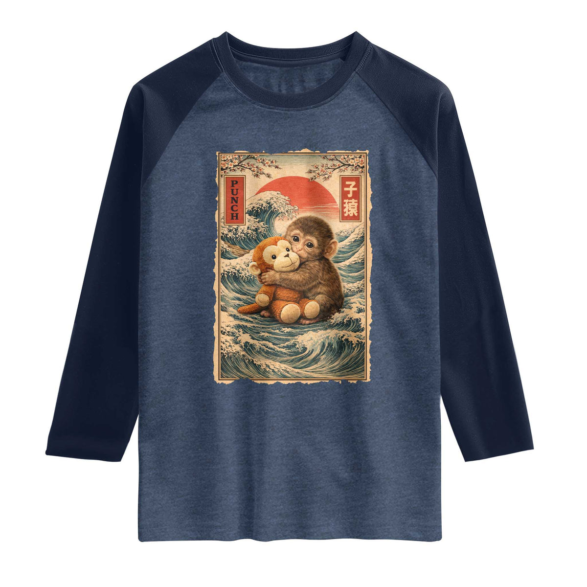 Kawaii Baby Monkey Punch Raglan Shirt Vintage Japanese Graphic Cute Macaque Ukiyo-e