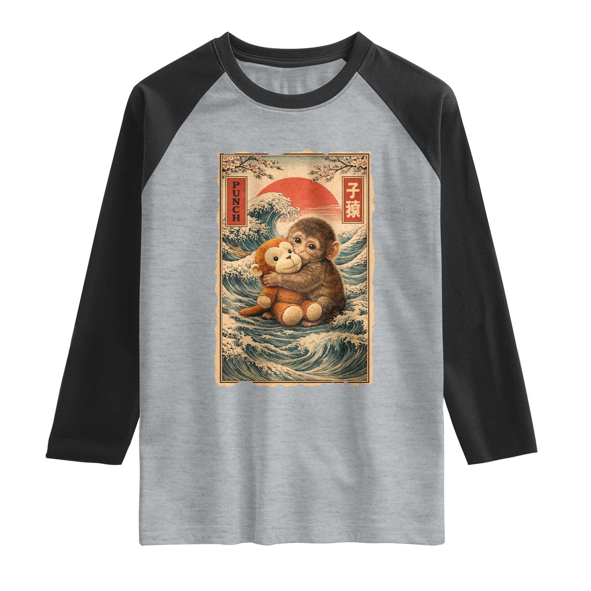 Kawaii Baby Monkey Punch Raglan Shirt Vintage Japanese Graphic Cute Macaque Ukiyo-e
