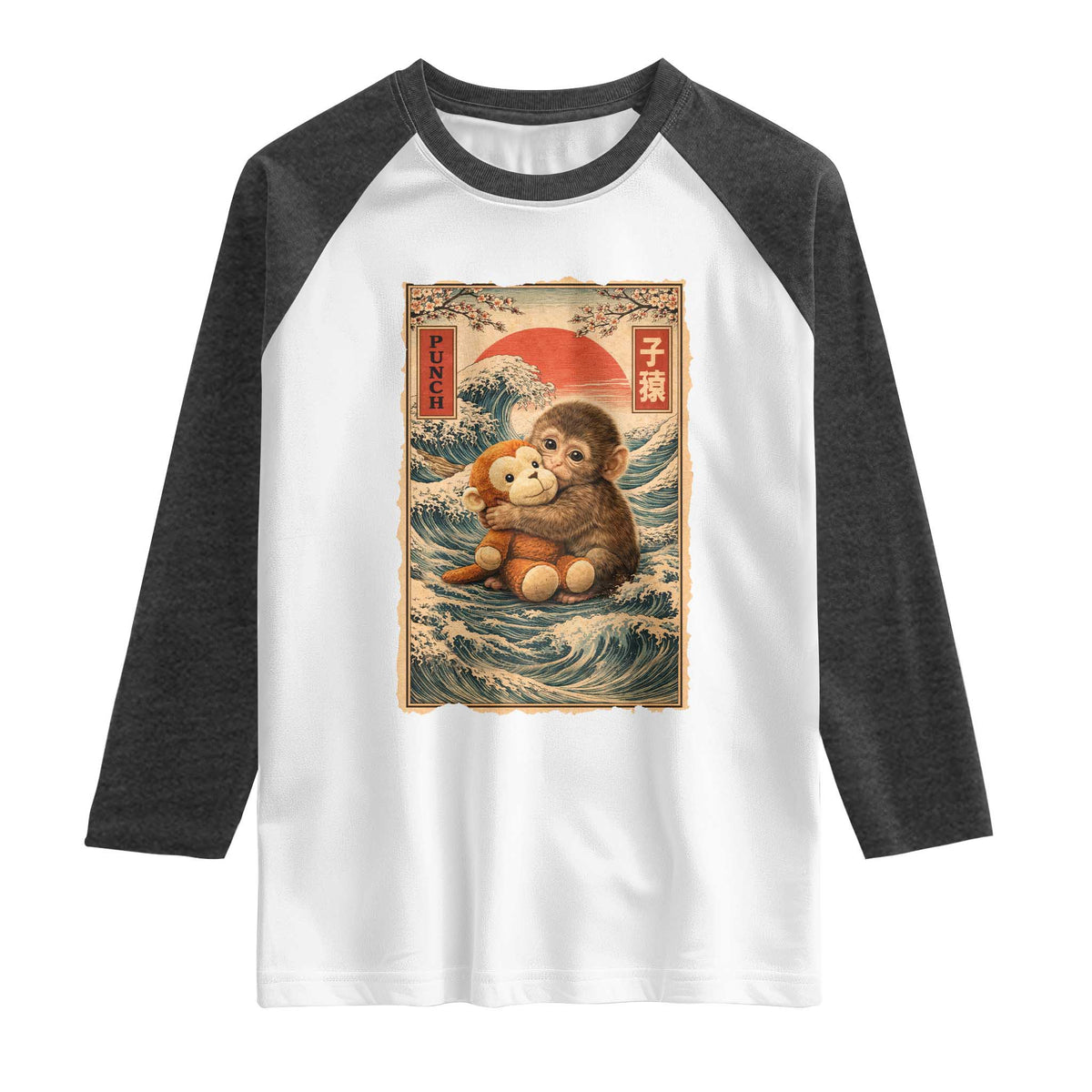 Kawaii Baby Monkey Punch Raglan Shirt Vintage Japanese Graphic Cute Macaque Ukiyo-e