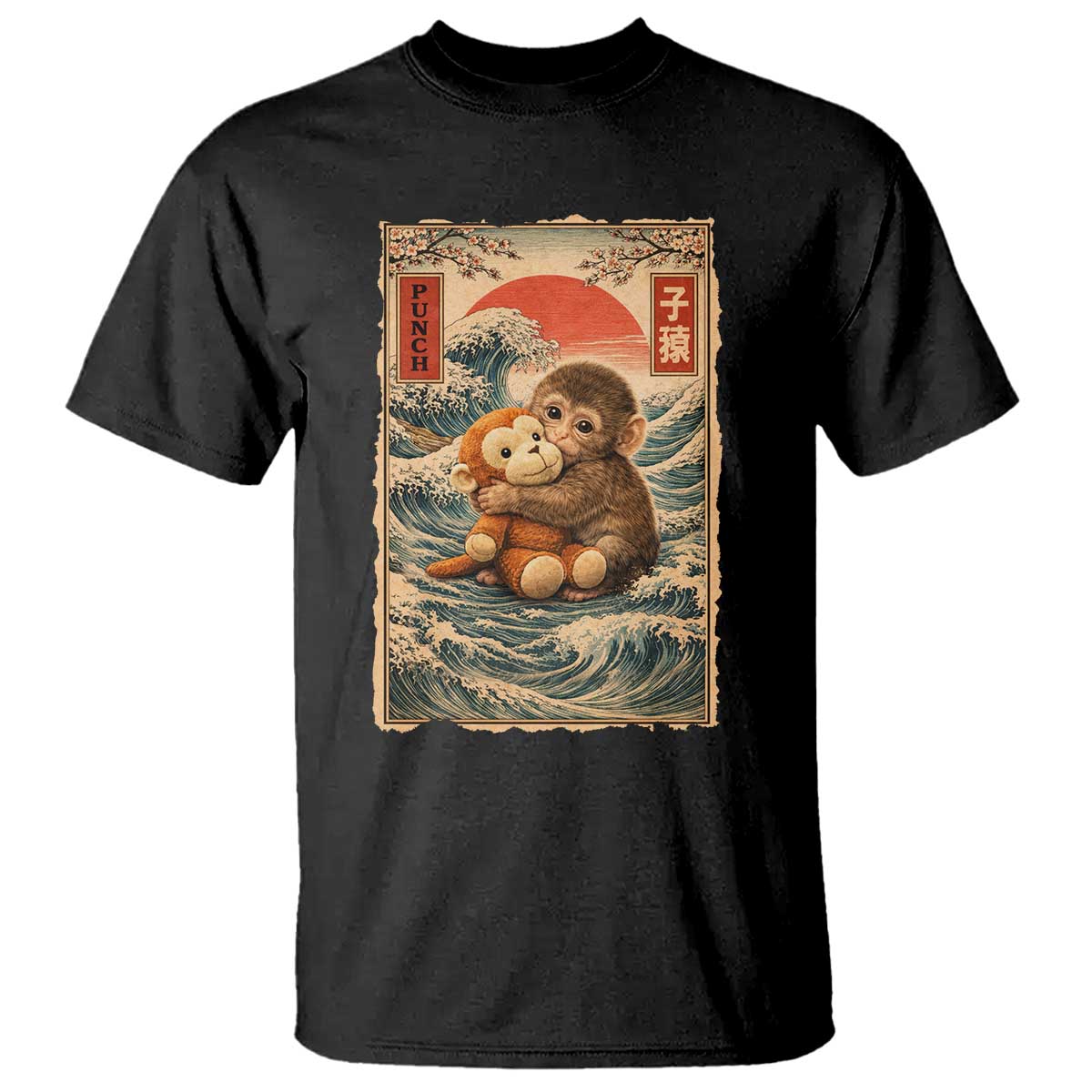 Kawaii Baby Monkey Punch T Shirt Vintage Japanese Graphic Cute Macaque Ukiyo-e