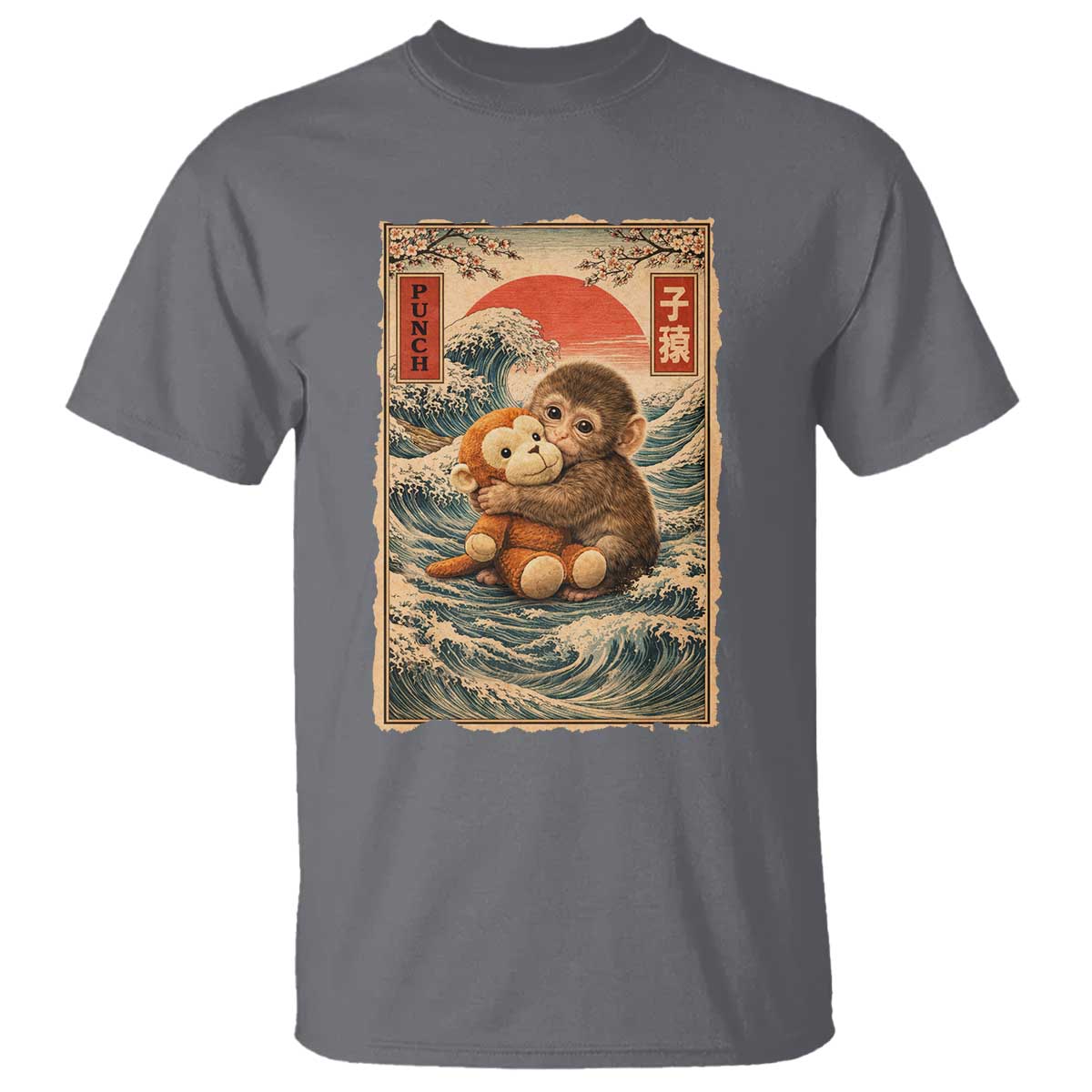 Kawaii Baby Monkey Punch T Shirt Vintage Japanese Graphic Cute Macaque Ukiyo-e