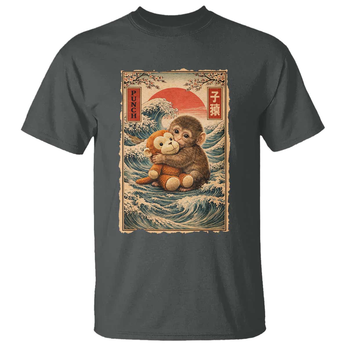 Kawaii Baby Monkey Punch T Shirt Vintage Japanese Graphic Cute Macaque Ukiyo-e