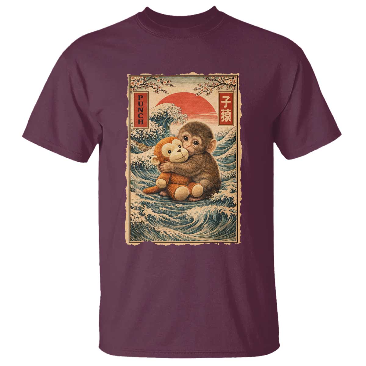 Kawaii Baby Monkey Punch T Shirt Vintage Japanese Graphic Cute Macaque Ukiyo-e