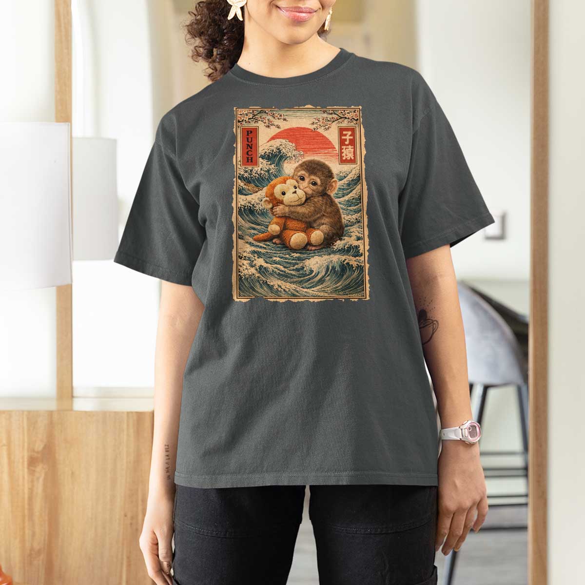 Kawaii Baby Monkey Punch T Shirt For Women Vintage Japanese Graphic Cute Macaque Ukiyo-e