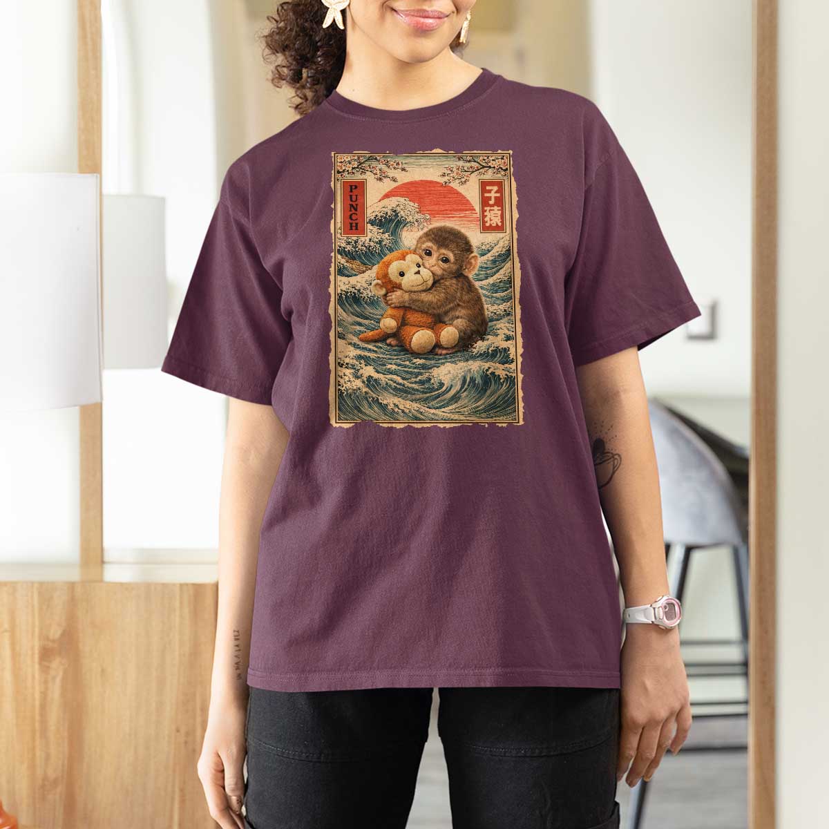 Kawaii Baby Monkey Punch T Shirt For Women Vintage Japanese Graphic Cute Macaque Ukiyo-e