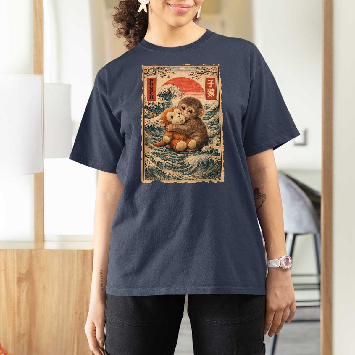 Kawaii Baby Monkey Punch T Shirt For Women Vintage Japanese Graphic Cute Macaque Ukiyo-e