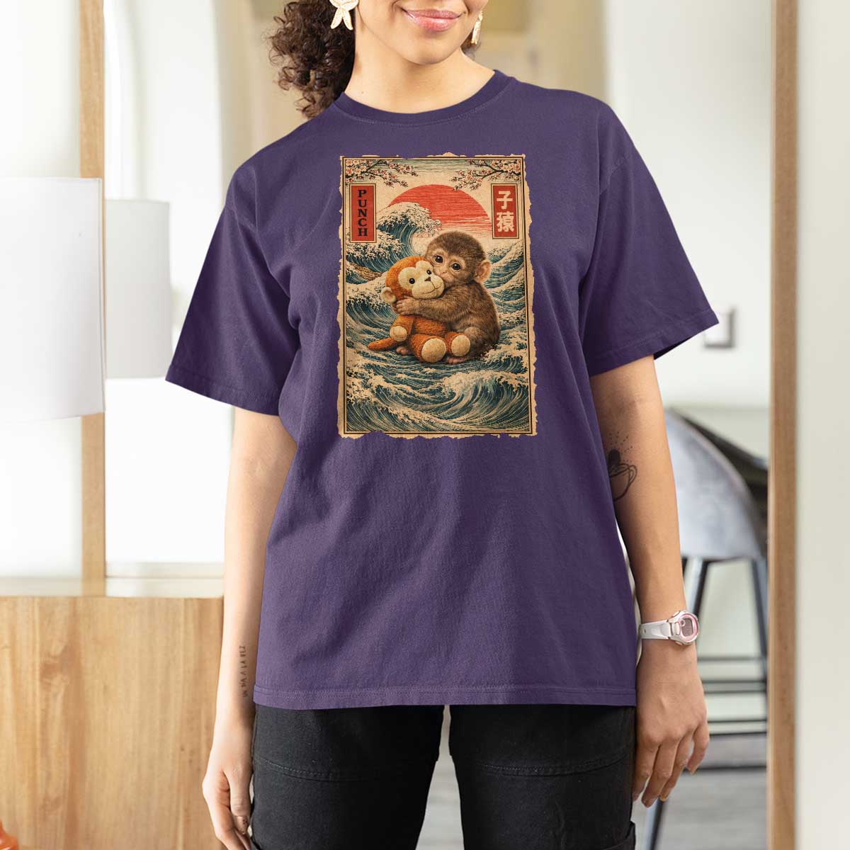 Kawaii Baby Monkey Punch T Shirt For Women Vintage Japanese Graphic Cute Macaque Ukiyo-e