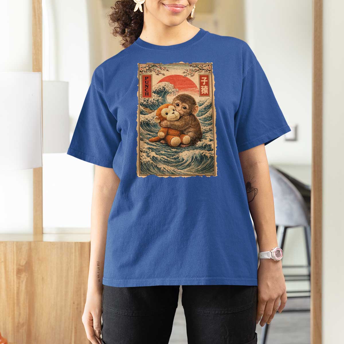 Kawaii Baby Monkey Punch T Shirt For Women Vintage Japanese Graphic Cute Macaque Ukiyo-e