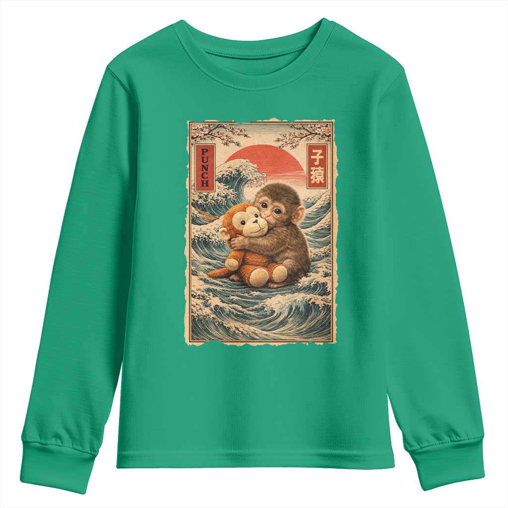 Kawaii Baby Monkey Punch Youth Sweatshirt Vintage Japanese Graphic Cute Macaque Ukiyo-e