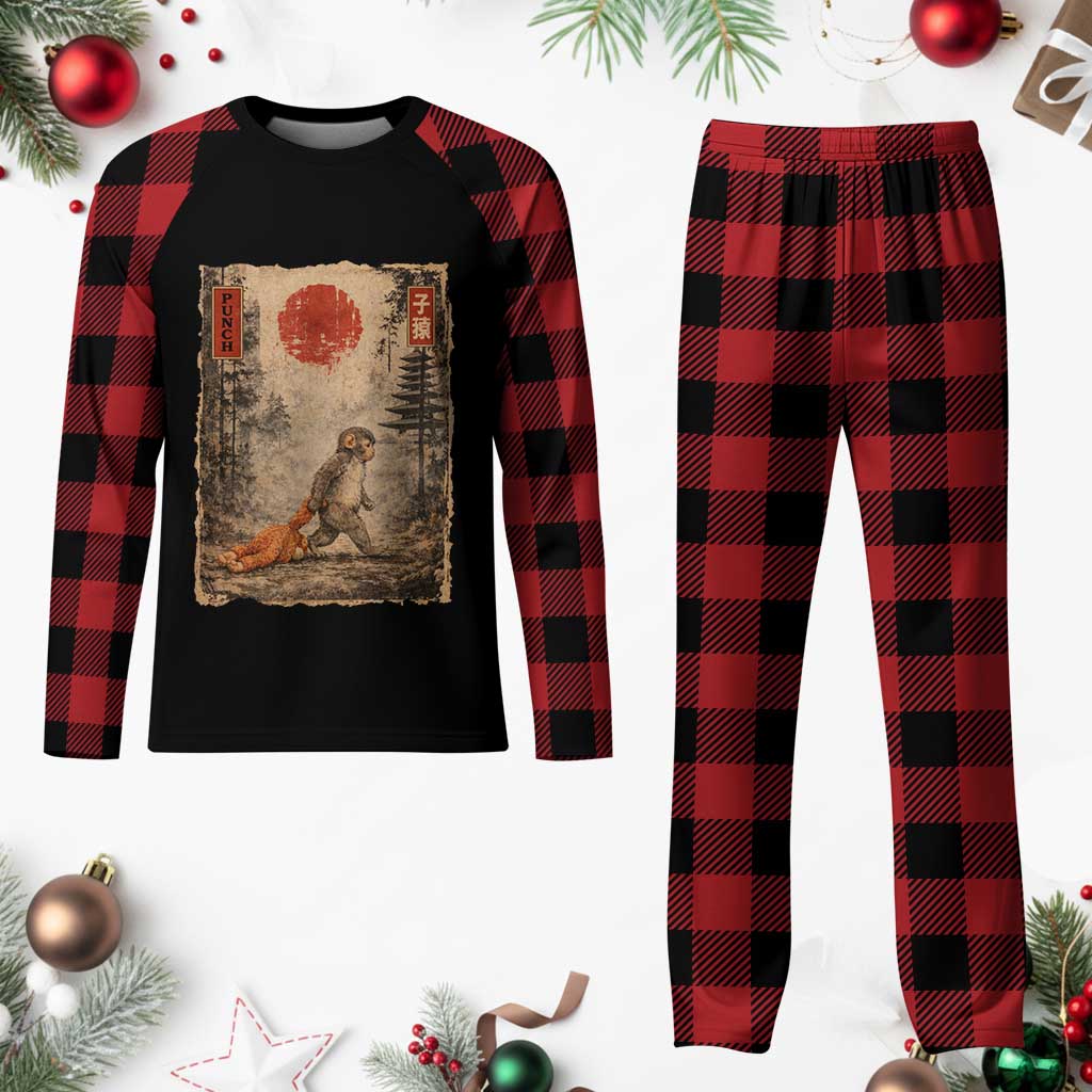 Vintage Japanese Baby Monkey Punch Plaid Pajama Set Kawaii Macaque Ukiyo-e Art Funny