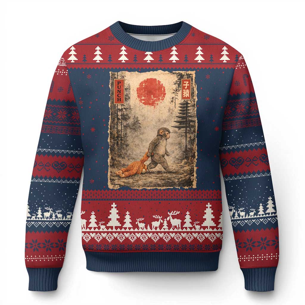 Vintage Japanese Baby Monkey Punch Ugly Christmas Sweater Kawaii Macaque Ukiyo-e Art Funny