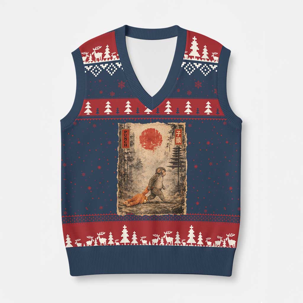Vintage Japanese Baby Monkey Punch V-Neck Knit Sweater Vest Kawaii Macaque Ukiyo-e Art Funny