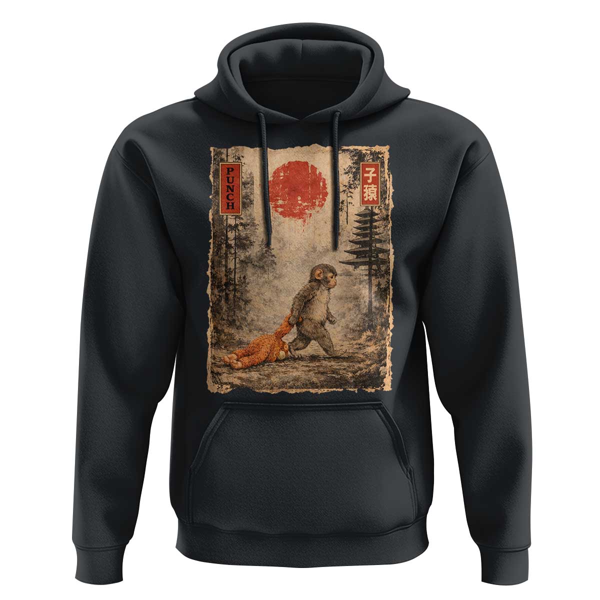 Vintage Japanese Baby Monkey Punch Hoodie Kawaii Macaque Ukiyo-e Art Funny