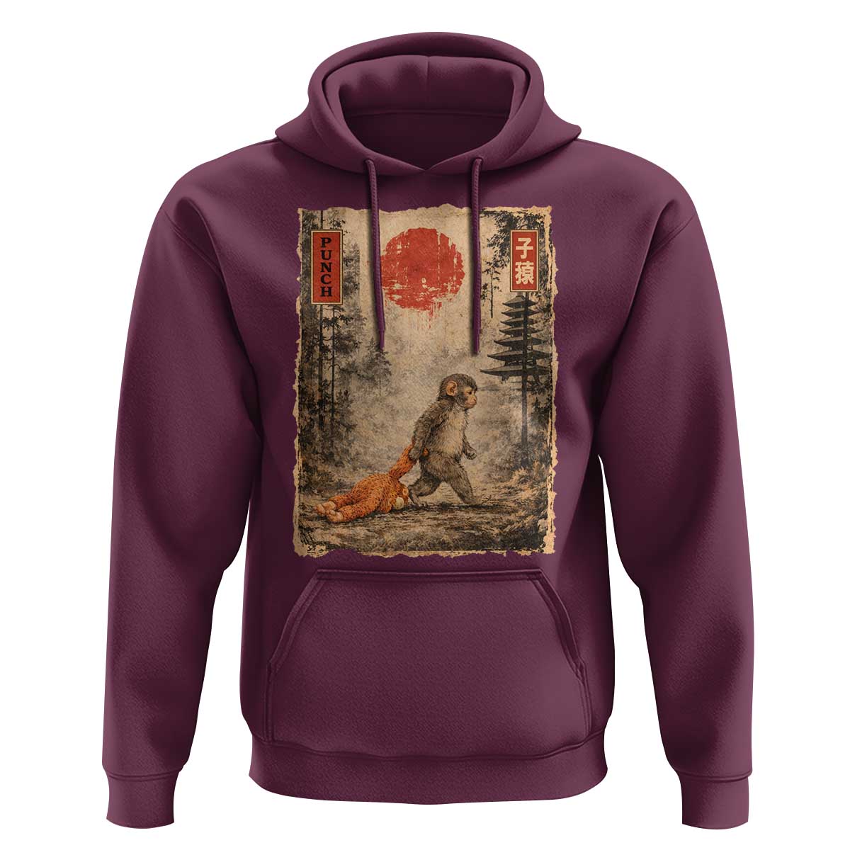 Vintage Japanese Baby Monkey Punch Hoodie Kawaii Macaque Ukiyo-e Art Funny