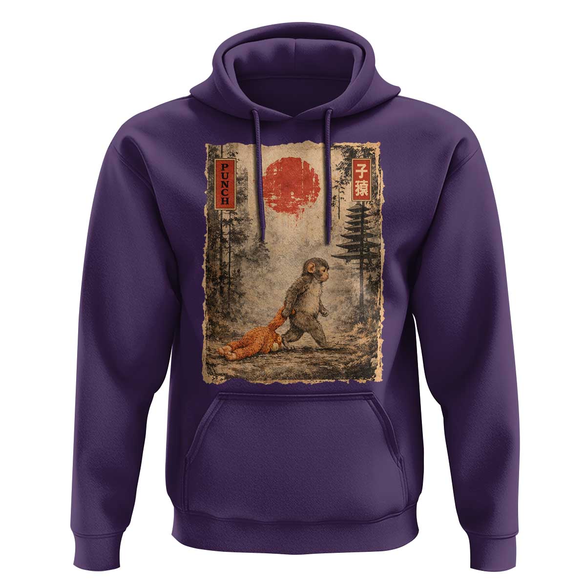 Vintage Japanese Baby Monkey Punch Hoodie Kawaii Macaque Ukiyo-e Art Funny